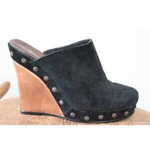 Restricted Black Suede Wooden Wedge Heel Platform Studded Clog